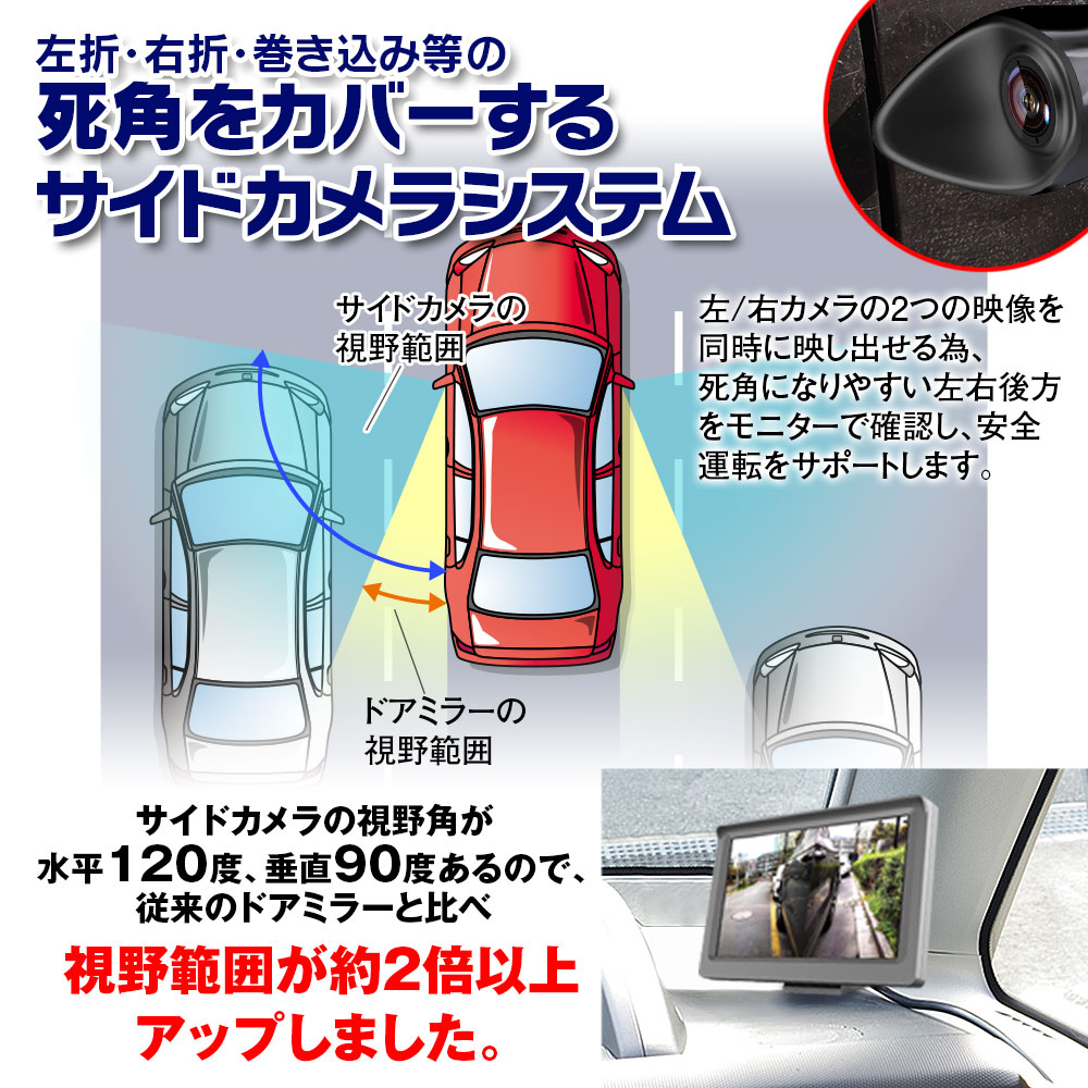 サイドカメラ サイドビュー ドライブレコーダー 5インチモニター カメラシステム 録画機能付 同時録画 7p ウィンカー連動 2分割画面 同時表示 Dc12v車 専用 分割表示 Car快適空間 車用品専門のネットショップ